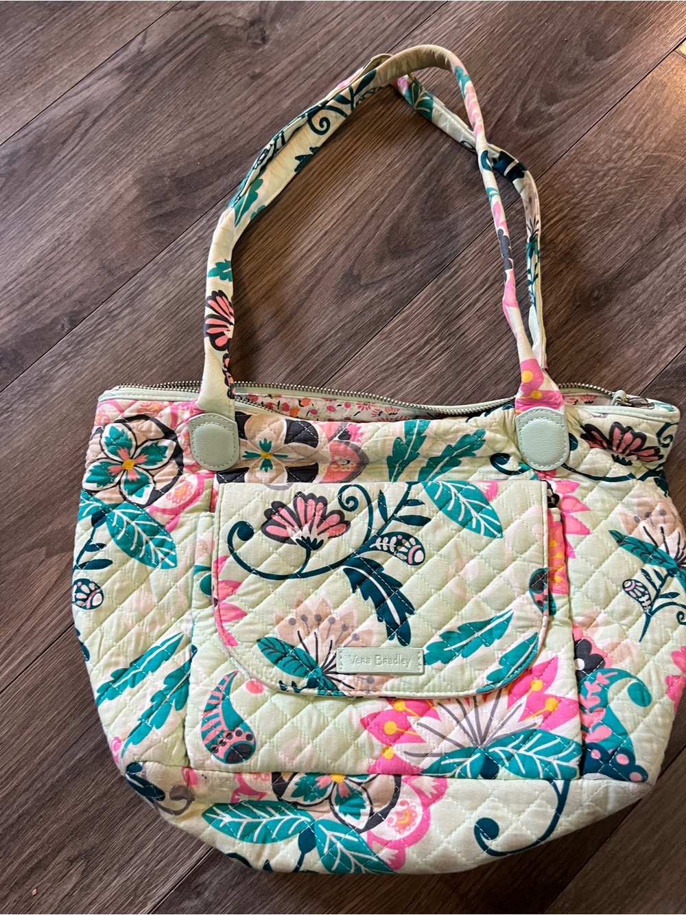 Vera Bradley Cream Quilted Tote with Teal & Pink Floral Print